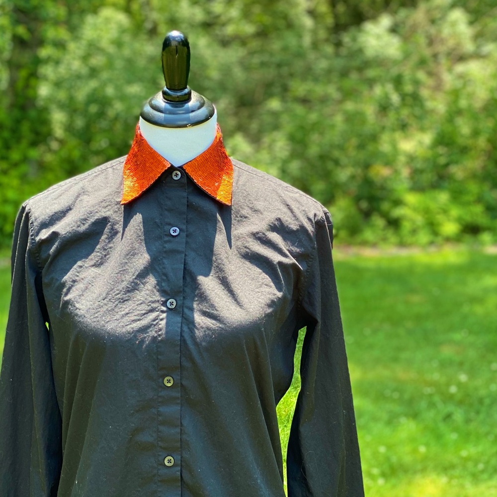 Dries Van Noten Orange Sequin Collar Black Cotton Button Up Shirt Size 34 Small